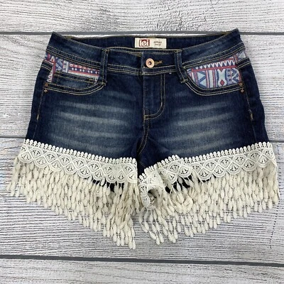 LEI Ashley Low Rise Patch Work Shorts Women Size 1 Crochet Lace Denim Jean - NEW - Image 1 of 4