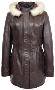 Ladies Fitted Parka Leather Coat Mid Length Detachable Hoodie Jacket Kathy Brown - Picture 1 of 6