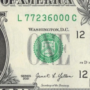 HOUSTON TX Zip Code Fancy Serial Number One Dollar Bill L 77236 000C CU FW - Picture 1 of 12