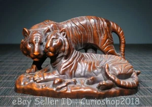 4.8" Old Chinese Boxwood Wood Carved Fengshui 12 Zodiac Animal Tiger Statue - Picture 1 of 9