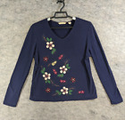 Bechamel Top Womens Medium Blue Stretch Knit Pull-On Embroidered Flowers Painted