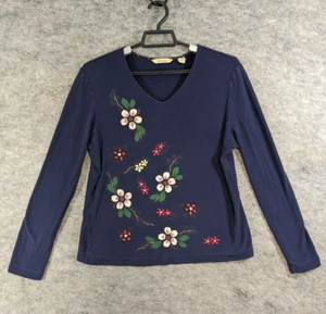 Bechamel Top Womens Medium Blue Stretch Knit Pull-On Embroidered Flowers Painted - Picture 1 of 12