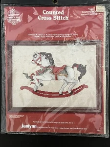 NEW Vtg 80s Janlynn 12x9 Christmas Rocking Horse Counted Cross Stitch Kit Sealed - Picture 1 of 3