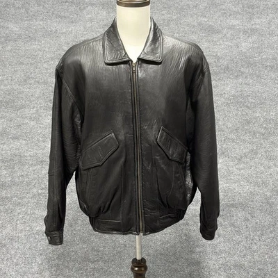 The Leather Warehouse Jacket Mens XL Black Leather Bomber Zip Pockets Lined - Image 1 of 4