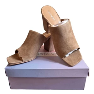 Lisa Vicky Virtue V Cognac Kid Suede Square Toe Block Heel Mules Size 9.5M Taupe - Picture 1 of 10