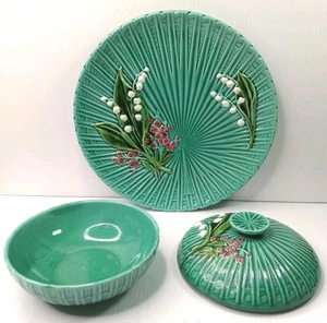 Schramberg #4563 Majolica Lily of the Valley Teal Floral Plate & Lidded Bowl Set - Picture 1 of 18