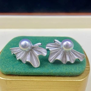 6-7 mm natural gray Akoya  pearl earrings  925 sterling silver - Picture 1 of 5