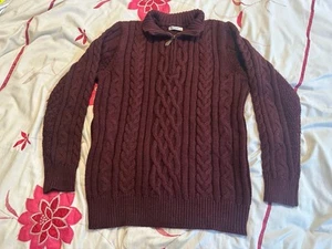 WoolOvers High Neck 1/4 Zip Chunky Cable Knit Wool Jumper - Burgundy - Size L - Picture 1 of 12