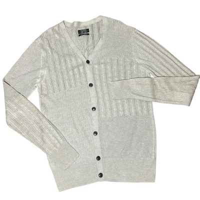 Cardigã masculino AllSaints malha Yurik pequeno cinza malha aberta academia botão para cima - Imagem 1 de 4
