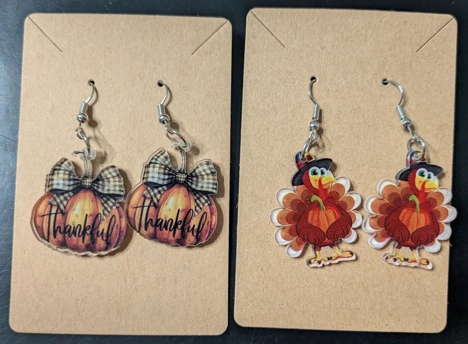 2 Thanksgiving Acrylic Dangle Earrings: Turkeys & Thankful Pumpkins w/ Plaid Bow - Image 1 of 1