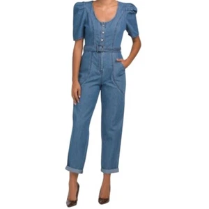 Jessica Simpson NWT Denim Puff Short Sleeve Scoop Neck Belted Jumpsuit Size L - Picture 1 of 6
