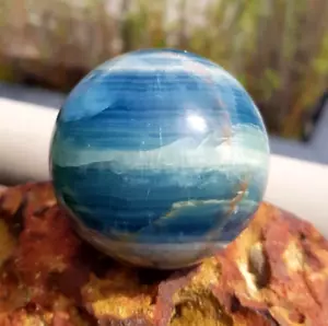 ARGENTINE LEMURIAN AQUATINE CALCITE BLUE ONYX SPHERE 59 MM 290 G - Picture 1 of 19