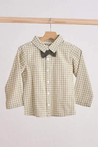 Boy's Boutique Green Woven Gingham Bow Flannel Button Down Shirt Matching Siblin - Picture 1 of 10