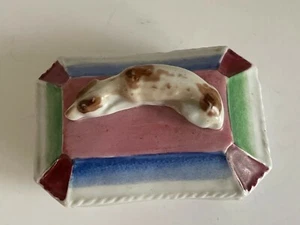 Antique Porcelain Sleeping Dog Match Safe & Striker Victorian England c1850 - Picture 1 of 10