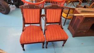 Antique Victorian Eastlake Style Walnut Parlor Vanity Side Dining Chairs Stripe - Picture 1 of 7