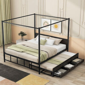 Heavy Duty Canopy Platform Bed with Trundle & Storage Drawers Captain Bed Frames
