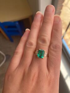 Lab emerald and moissanite ring 14k yellow gold