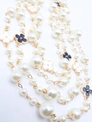 LUXURIOUS 10 PC Black White Enamel Clover Charms Pearls 64" Extra Long Necklace - Image 1 of 4