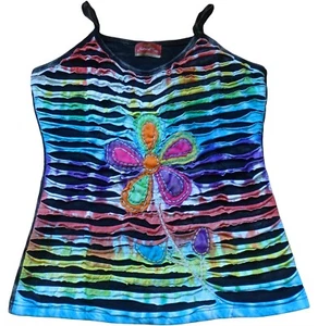 Nepalese Cotton Tie Dye Applique Flower Sleeveless Boho Razor Cut Vest/Tank Top - Picture 1 of 3