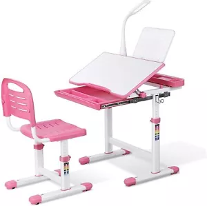 Children's Desk Student Desk Adjustable Tilt with Chair & Lamp Pink - Picture 1 of 6