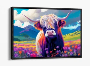 COLORFUL HIGHLAND COW FLOWERS LANDSCAPE FLOAT EFFECT CANVAS WALL ART PRINT - Picture 1 of 12