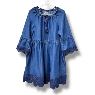 Vestido Peek Niñas Cambray Talla 6-7 Azul Índigo Encaje Dobladillo Borla Corbata Lyocell Boho Foto 1 de 4