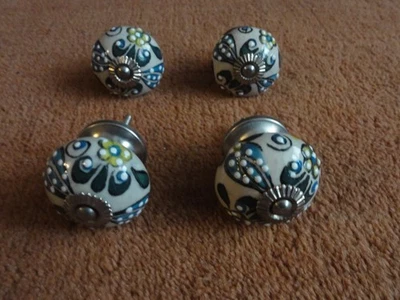 4 Ceramic Cream, Blue, Green Drawer Pulls/Knobs Boho Style - Image 1 of 4