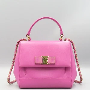 Ferragamo 21 F570 Pink Saffiano Gold Barakeri Small Top Handle Chain Shoulder Ba - Picture 1 of 5
