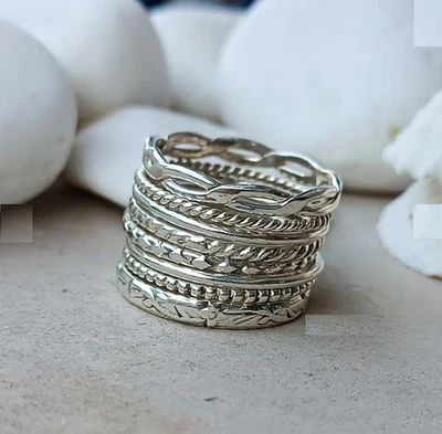 Juego de anillos apilables de plata de ley definidos: anillo mínimo de textura mixta todas las tallas R389 Foto 1 de 4
