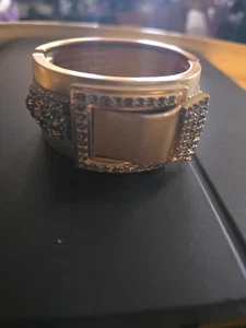 HUGE HINGED WIDE BELT BUCKLE BANGLE RHINESTONE BRACELET Missing 3 Small Stones - Picture 1 of 7