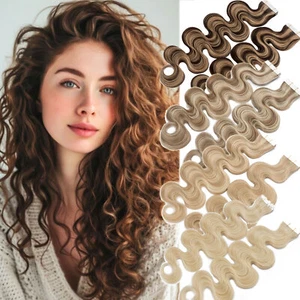 10-80PCS Invisible Tape In Skin Weft Remy Human Hair Extensions Full Head Wavy F - Picture 1 of 96