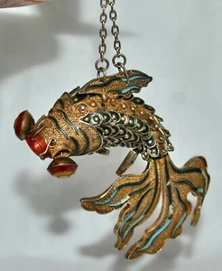Vintage Chinese Vermeil Silver Filigree Articulated Enamel Koi Fish Pendant - Picture 1 of 8