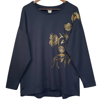 Chico's Sweatshirt Women Size XL (3) Navy Gold Foil Floral Relaxed Pulloverr - Image 1 of 4