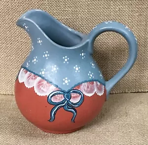 Mini brocca vintage blu fiocco creamer dipinta a mano arte ceramica rustica nucleo fattoria - Foto 1 di 7