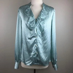 Apostrophe Damen Bluse mintblau seidig Knopfleiste Rüschen Gr. M Damastmuster - Bild 1 von 8