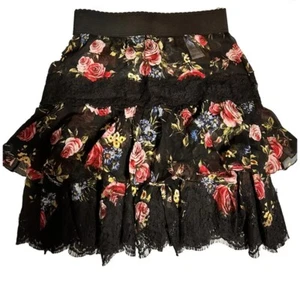 DOLCE & GABBANA Rock Schwarz Rosa Blumen Rose Seide Mini A-Linie Rüschen 36IT UK6 XS - Bild 1 von 4