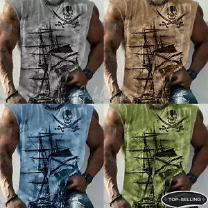 Men Loose Pirate Ship Graphic Tank Top Sleeveless T-Shirt Plus Size Muscle Tee - Picture 1 of 21