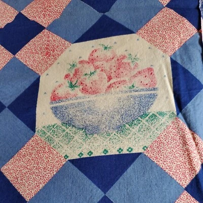 Vnt Sewing Fabric NTT 1989 Fruit Bowls Cheater Quilt Pink Blue 35x45" Cotton - Image 1 of 4