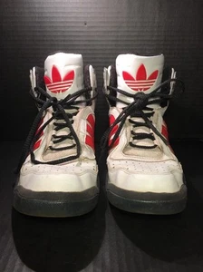Vintage Adidas Size US 10 UK 9.5 white & red W/ Silver High tops 80'Tennis Shoe - Picture 1 of 7