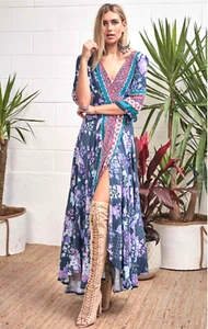JAASE Purple Haze Maxi Dress Sz XS Wrap 3/4 Sleeves Colorful Boho - Picture 1 of 12