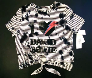 Vinyl Icons Girls Small Black & Marshmallow Striped 'I Love Bowie' Tie Front Tee - Picture 1 of 3