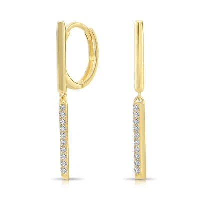 14K Real Solid Yellow Gold Dainty Pave CZ Bar Dangle Drop Huggie Hoop Earrings - Image 1 of 4