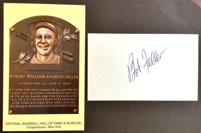 MLB Bob Feller Autograph 3 x 5 Index and HOF Plaque Post Card Cleveland - Image 1 of 2