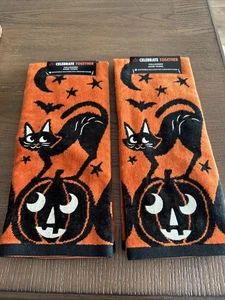 Set of 2 Black Cat Pumpkins Hand Towels Halloween Stars Orange NWT See Pics - Picture 1 of 4