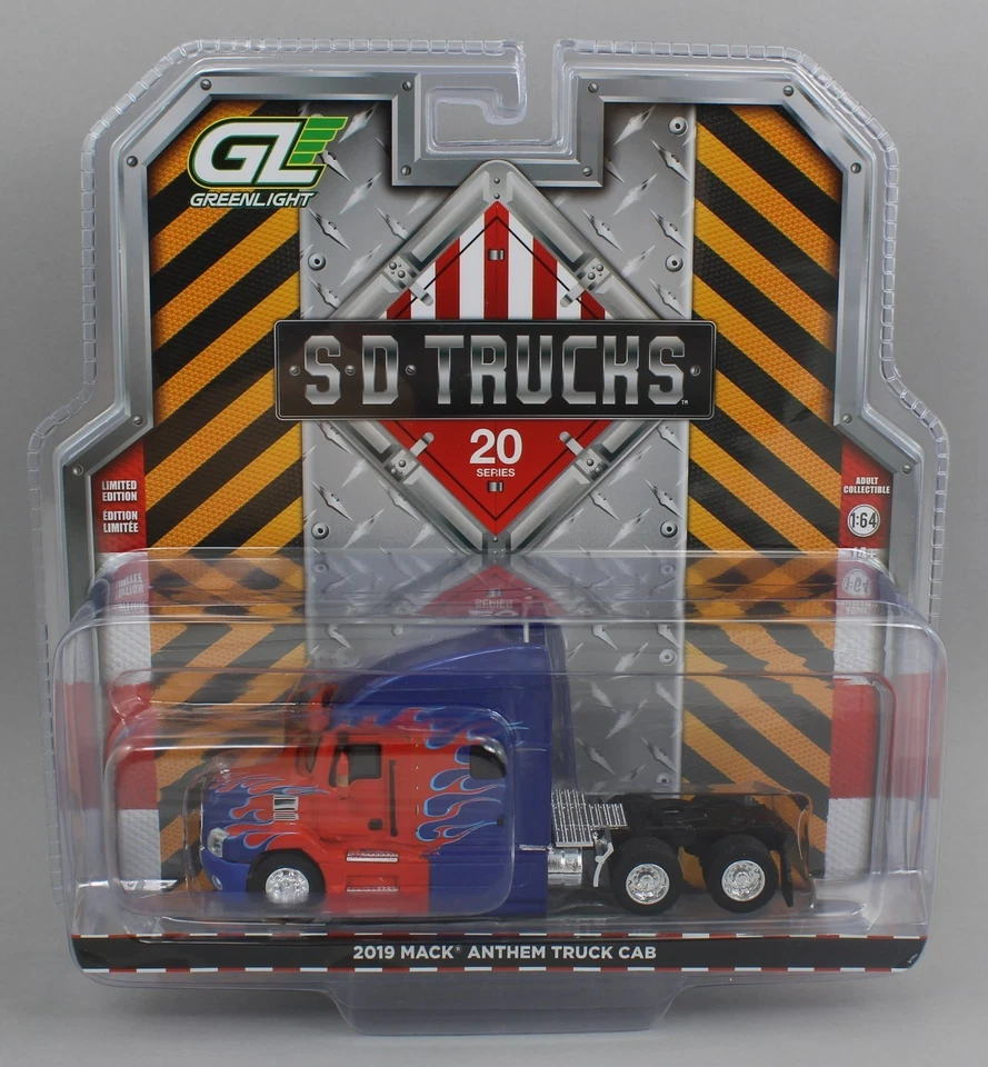 1:64 GreenLight *SD TRUCKS 20* Blue & Red Flames 2019 Mack Anthem Semi Cab NIP - Image 1 of 1
