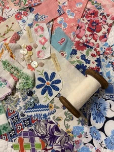 Bundle of Feedsack Scrap Fabrics & Trims for Slow Stitching with Wood Spool - Picture 1 of 6