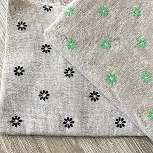 38. Green & 39. Black Daisy Natural LINEN Cotton Fabric. Price per 1/2 metre - Picture 1 of 5