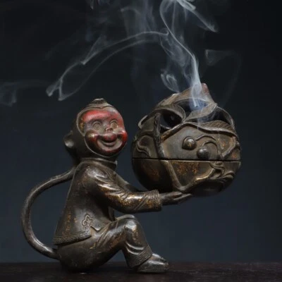 7.5" China old ming dynasty Bronze gilt xuande mark monkey peach Incense Burner - Image 1 of 4