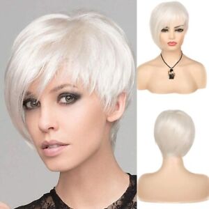 White Wigs for Women Short White Wig with Fringe Pixie Straight Synthetic Hair 
