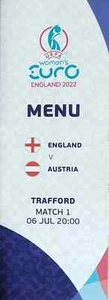 Menu Card UEFA Women's Euro 6/7/2022 England vs Austria # Match 1 - Picture 1 of 2